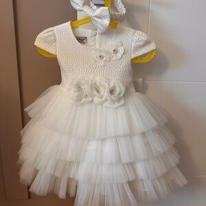 White Floral Tulle Christening Gown with Matching Headband and Shoes 12-18M